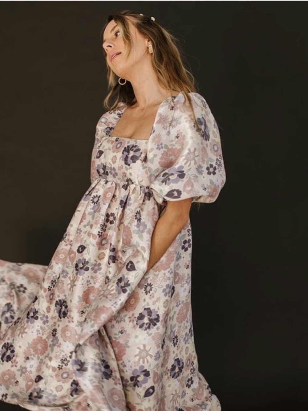Storia Lavender and Pink Floral Puff Sleeve Midi Dress